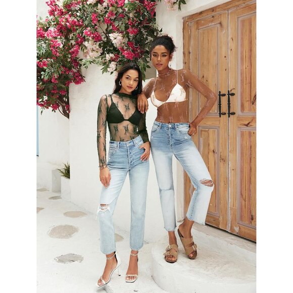 Women's Green Mesh Sheer Lace Long Sleeve Mock Neck Pull On Shirt Blouses - Picture 6 of 8